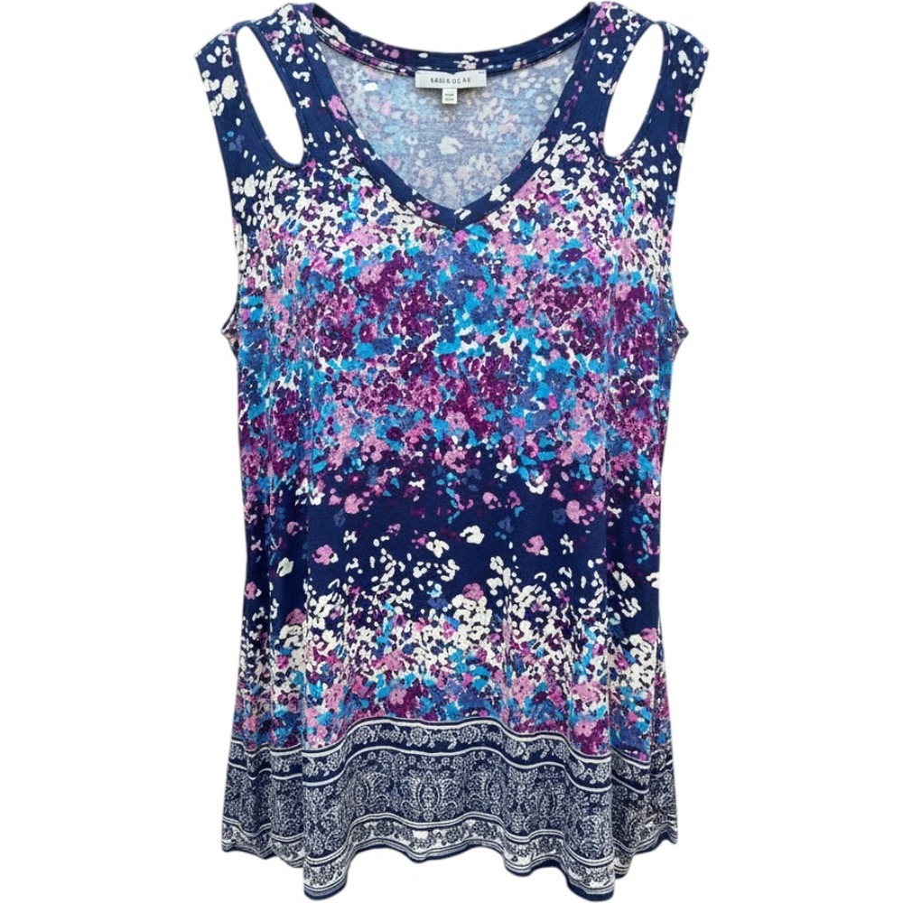 Rose + Olive Women 2X Navy Blue Purple Abstract Floral Cut Out V-Neck Tank Top